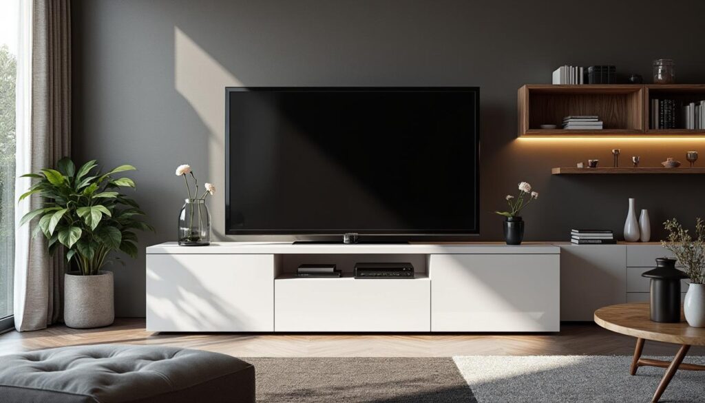 découvrez les avantages du meuble tv kikua de 130 cm en blanc brillant. son design moderne et épuré apportera une touche élégante à votre décoration intérieure tout en offrant un espace de rangement optimal pour vos équipements multimédias. transformez votre salon en un véritable havre de paix avec ce mobilier alliant style et fonctionnalité.