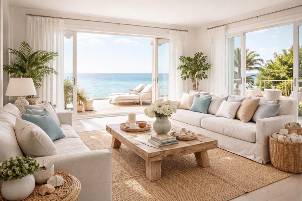 apportez l'élégance et la fraîcheur des vacances en bord de mer à votre salon toute l'année grâce à une déco chic et raffinée inspirée par la mer.