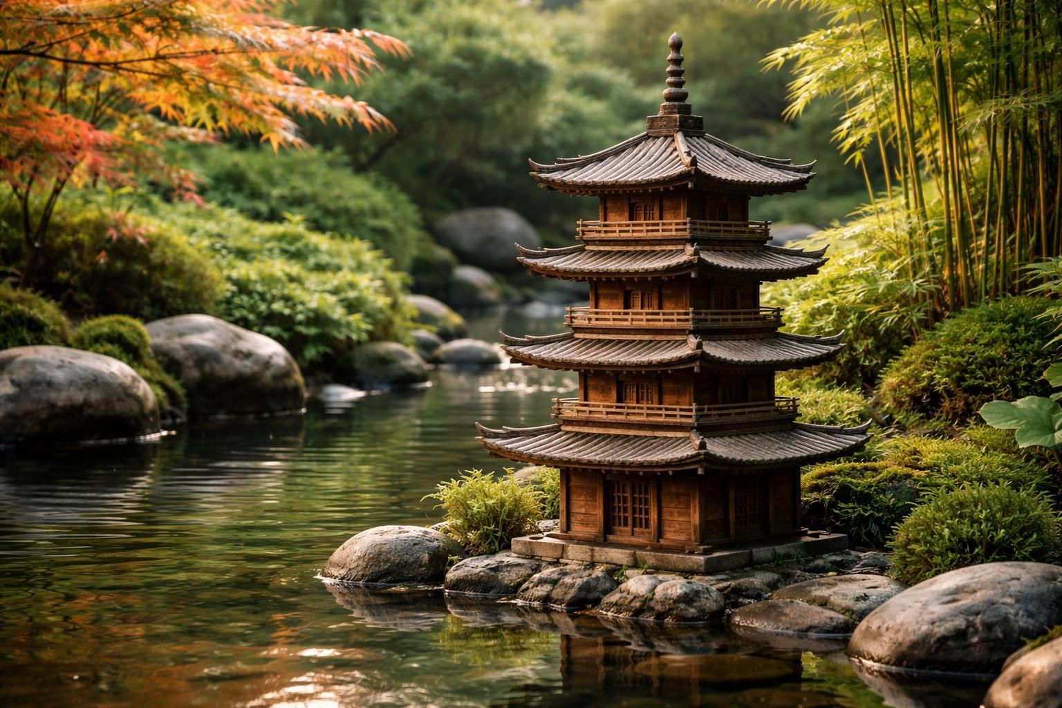 découvrez la pagode japonaise miniature, l'élément décoratif idéal pour sublimer votre bassin ou jardin zen avec une touche d'élégance et de sérénité.
