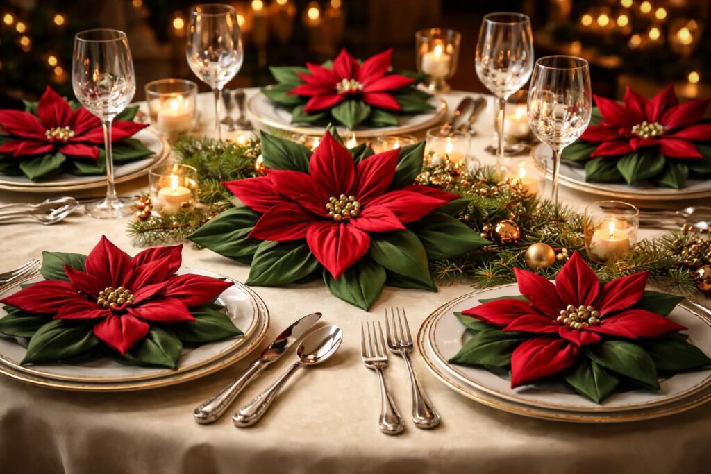 découvrez comment réaliser un pliage de serviette en poinsettia pour une décoration de table festive, fleurie et originale, idéale pour vos repas de fête.