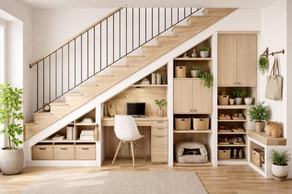 découvrez 10 idées déco ingénieuses pour optimiser l'espace sous un escalier, avec des solutions de rangement pratiques et un bureau fonctionnel pour un intérieur harmonieux.