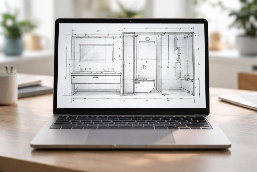 découvrez un plan technique détaillé pour votre salle de bain, prêt à être visualisé et modifié sur votre pc portable pour une rénovation facile et efficace.