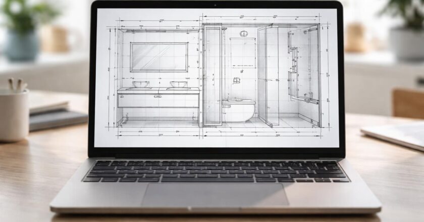 Salle de bain : un plan technique prêt sur PC portable