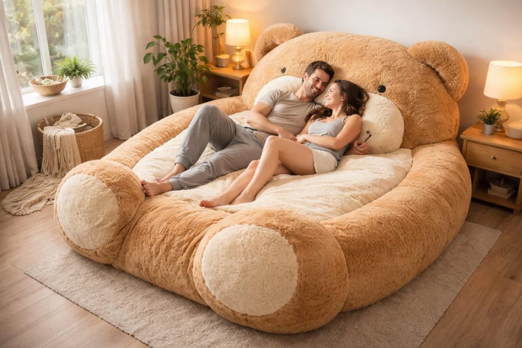 découvrez le cadeau parfait pour les couples : un lit en forme de nounours pour adultes, conçu pour deux personnes, alliant confort et originalité pour des nuits douces et romantiques.