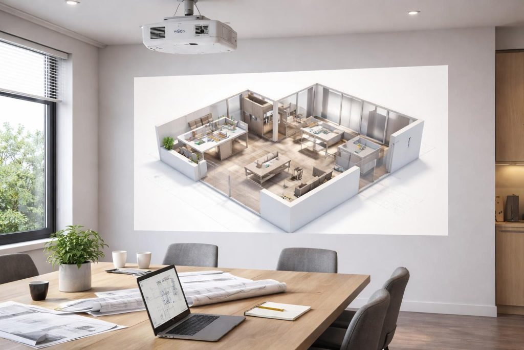 découvrez comment la rénovation devient plus simple et efficace grâce à un plan 3d projeté directement sur le mur avec un vidéoprojecteur epson, pour une visualisation claire et précise de votre projet.