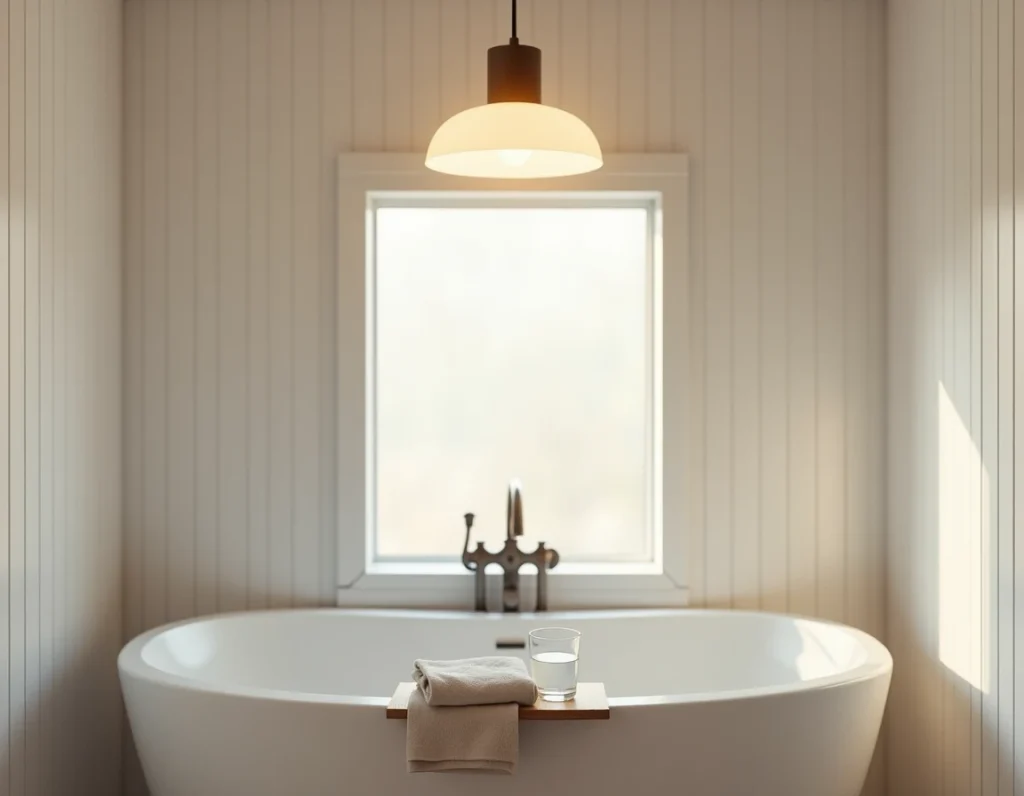 Baignoire autoportante sous un plafonnier blanc chaud dans une salle de bain habillée de lambris blanc et carrelage épuré