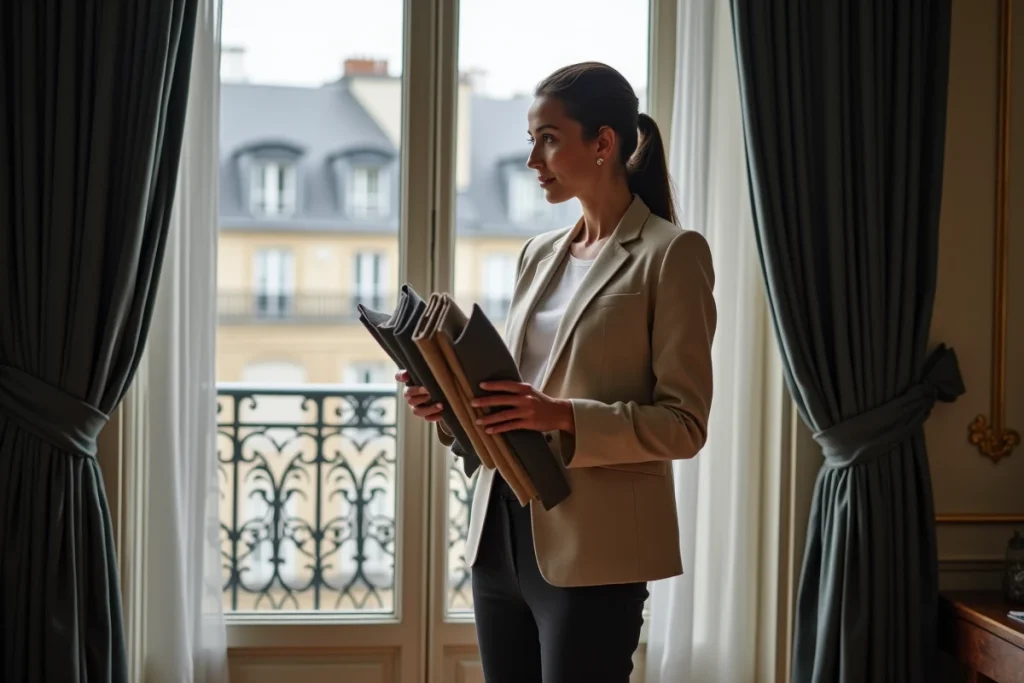 Décoratrice d'intérieur présentant des échantillons de rideaux sur mesure en velours dans un appartement haussmannien parisien