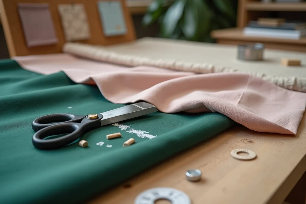 Détail d'échantillons de tissus pour rideaux sur mesure sur une table d'atelier, lin, soie et coton avec accessoires de couture