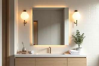 Salle de bain moderne avec éclairage blanc chaud et miroir encadré en bois clair au-dessus d'un meuble vasque épuré