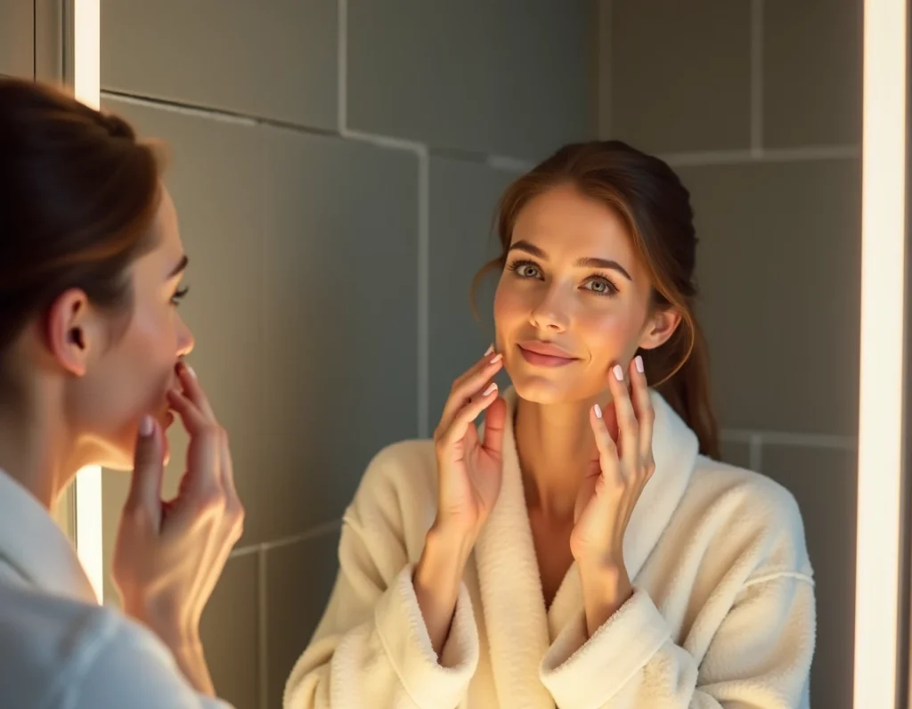 Femme en peignoir devant un miroir de salle de bain rétroéclairé en blanc chaud appliquant sa routine beauté