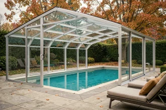 Abri télescopique moderne en aluminium et polycarbonate couvrant une piscine extérieure en automne, avec jardin en arrière-plan