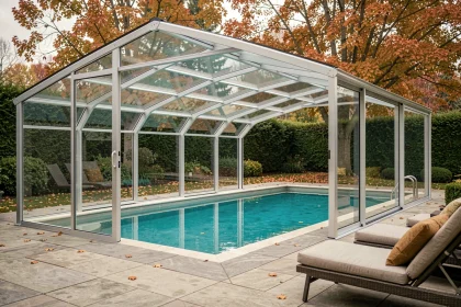 Abri télescopique moderne en aluminium et polycarbonate couvrant une piscine extérieure en automne, avec jardin en arrière-plan