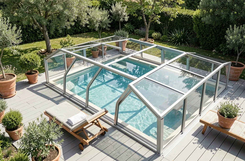 Abri télescopique partiellement ouvert au-dessus d'une piscine extérieure au printemps, vue en légère plongée