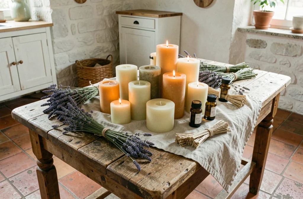 Arrangement de bougies naturelles artisanales en cire de soja et cire d'abeille sur une table en bois rustique avec des herbes séchées