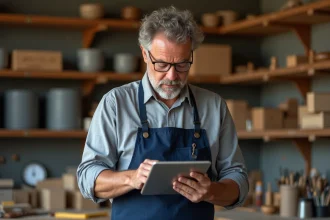 Artisan montpelliérain consultant sa tablette dans son atelier local pour gérer ses commandes sur une plateforme artisanale régionale