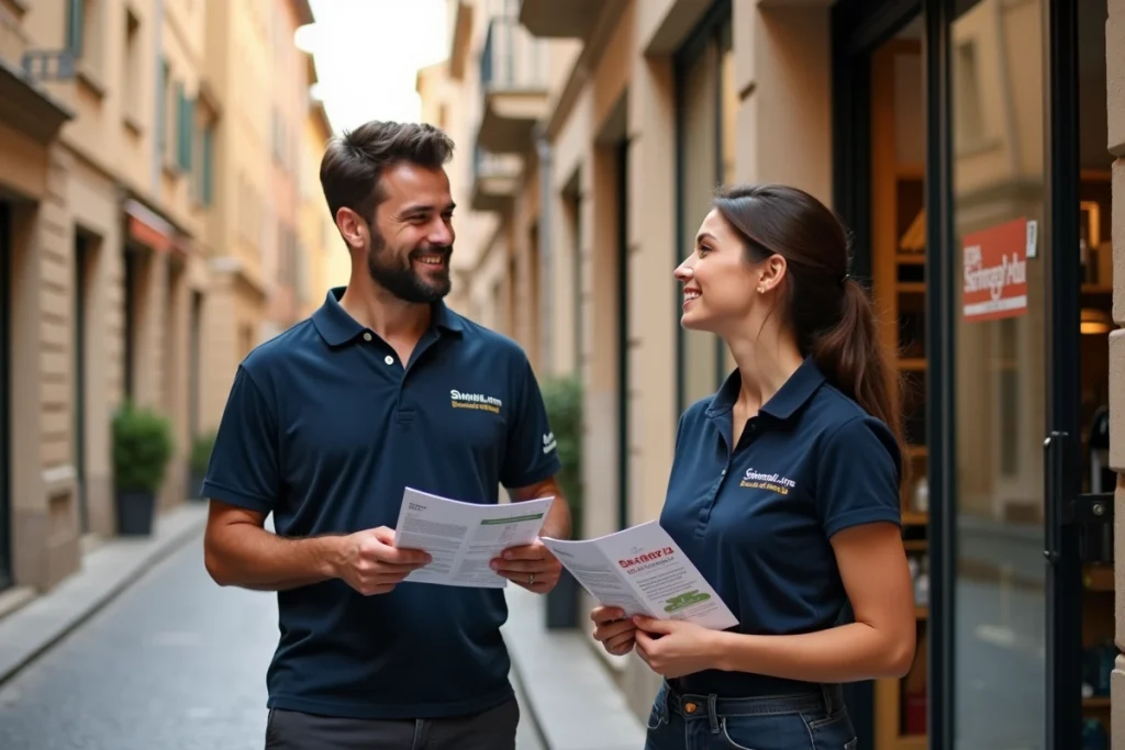 Deux artisans locaux devant leur boutique dans le quartier historique de Montpellier présentant une alternative aux grandes plateformes nationales