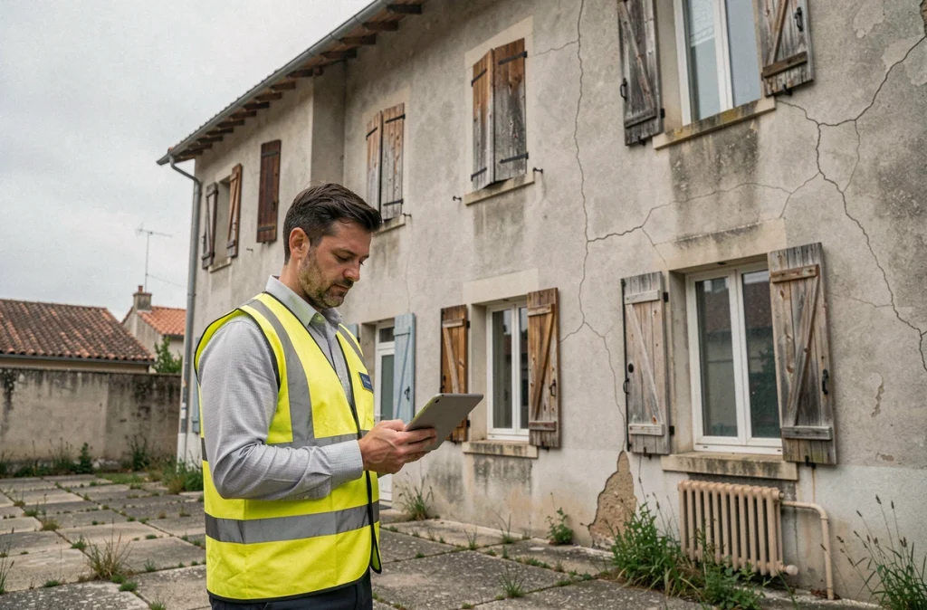 Auditeur énergétique inspectant la facade d'une copropriété en Occitanie