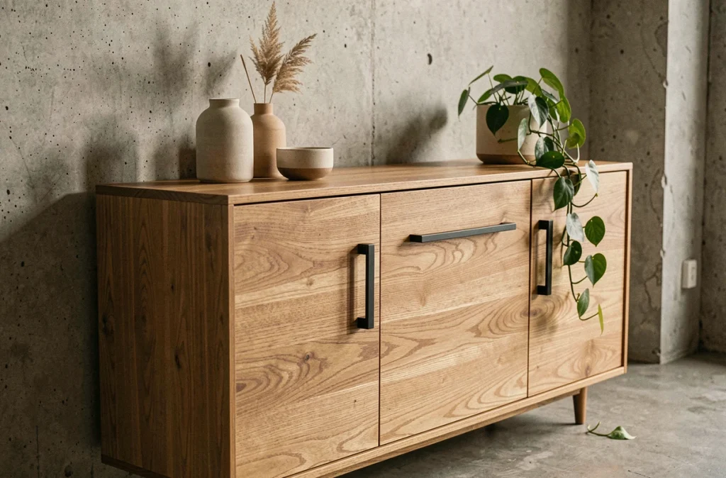 Buffet en teck massif avec poignées en fer noir mat devant un mur en béton brut dans un appartement de style industriel