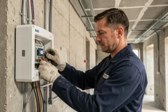 Électricien connectant les câbles d'un BAES sur chantier industriel, vue rapprochée des raccordements électriques