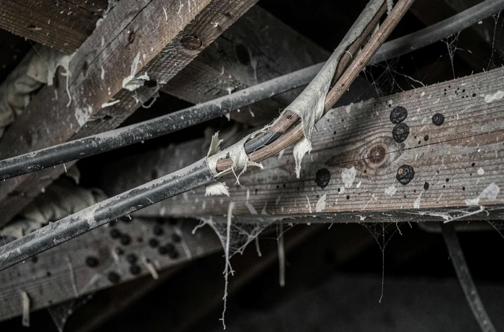Câbles électriques rongés par une fouine dans un grenier avec des crottes visibles sur les poutres en bois