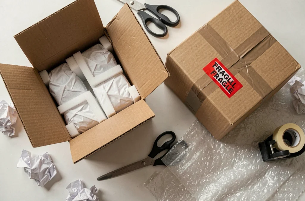Boîtes de déménagement avec objets fragiles emballés dans du papier de soie, mousse et autocollants fragile