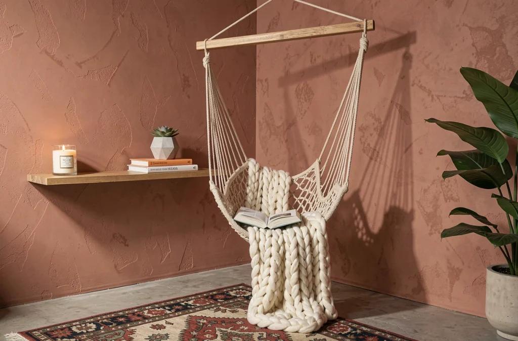 Chaise hamac suspendue dans un coin lecture de chambre avec plaid en maille épaisse, étagère flottante et mur en enduit terracotta