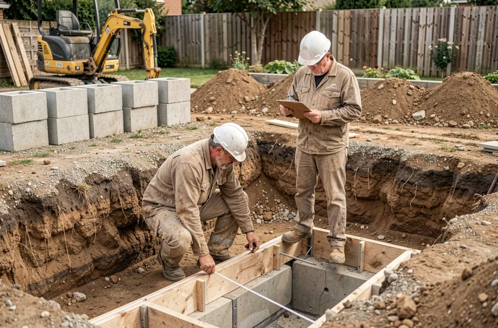 Ouvriers mesurant le chantier d'excavation d'une piscine résidentielle avec matériel de construction visible