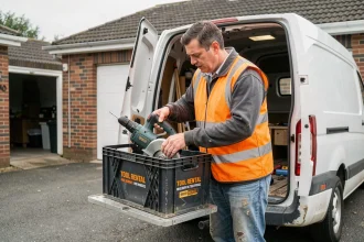 Ouvrier chargeant des outils de location dans un van de chantier pour un projet de rénovation résidentielle
