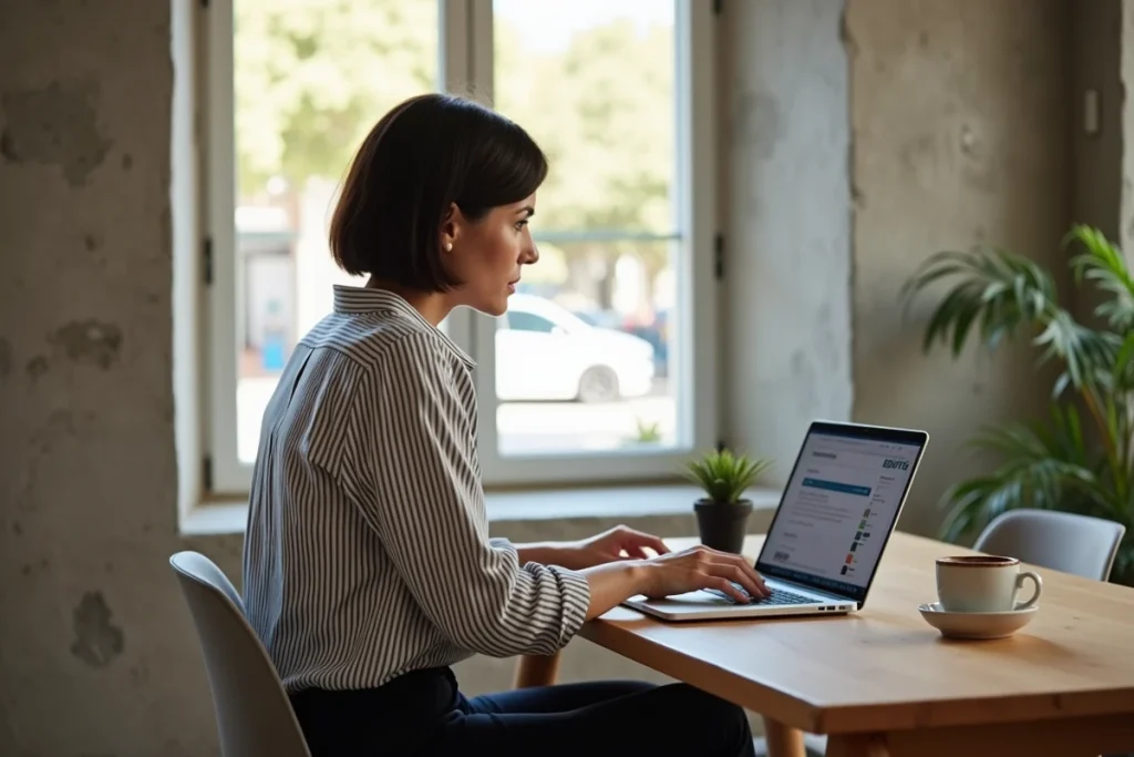 Cliente utilisant une plateforme artisanale locale en ligne depuis un espace de coworking à Montpellier
