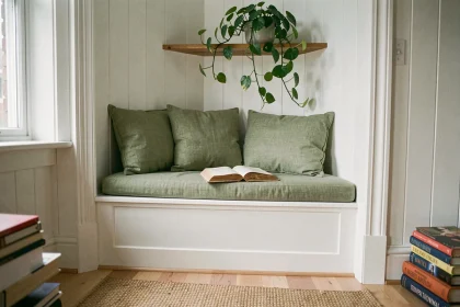 Coin lecture aménagé dans une alcôve de fenêtre avec banquette en lin vert sauge, coussins et livres empilés dans un intérieur lumineux