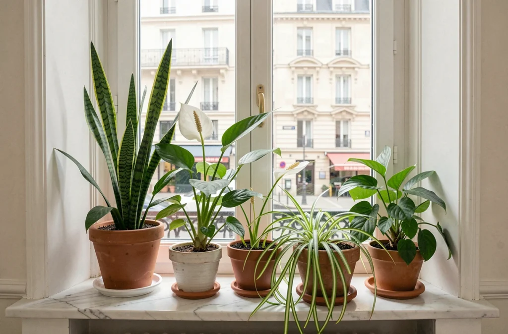 Collection de plantes dépolluantes sur un rebord de fenêtre en marbre blanc dans un appartement parisien de style haussmannien