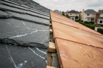 Comparaison côte à côte d'une toiture en ardoise naturelle et en tuiles grand format lors d'une rénovation de toit