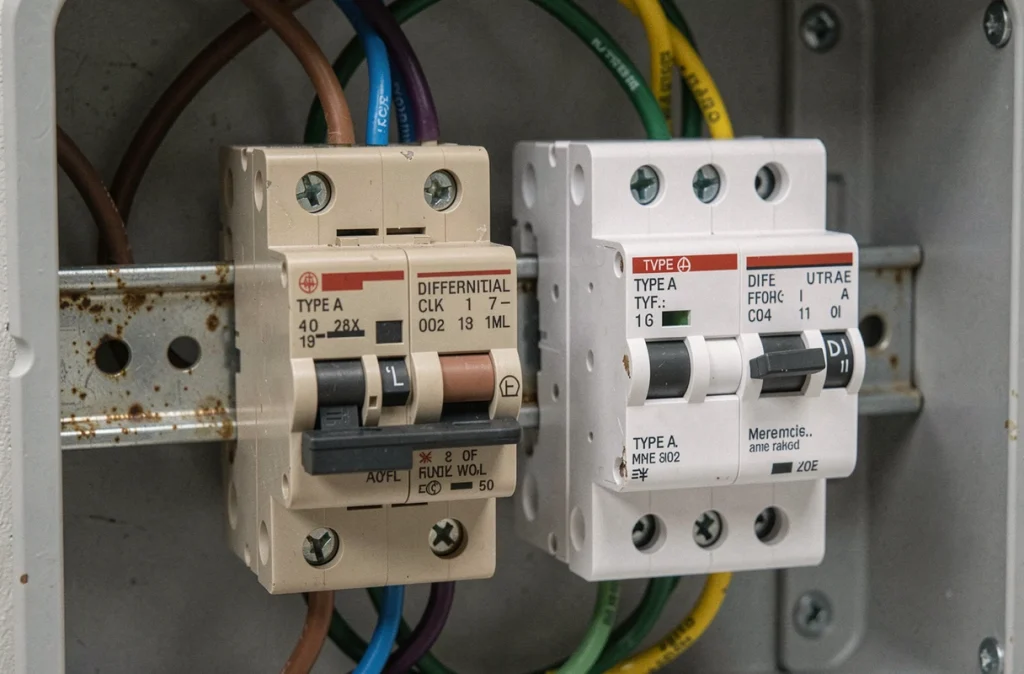 Comparaison entre un ancien disjoncteur différentiel et un nouveau modèle type A sur un rail DIN dans un tableau électrique résidentiel