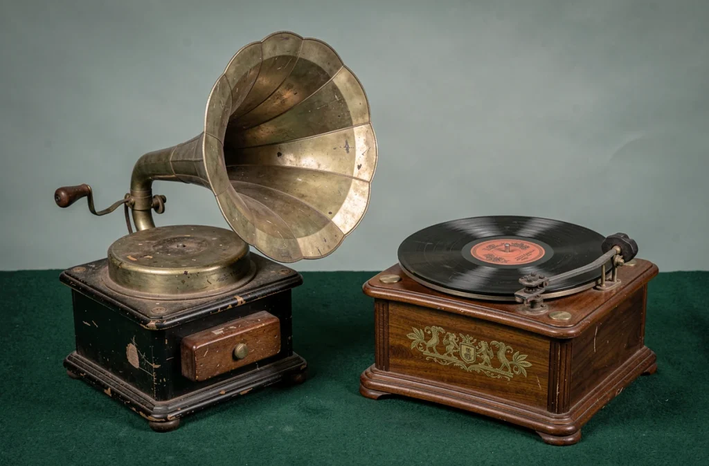 Comparaison côte à côte d'un phonographe à cylindre et d'un gramophone à disque sur un tissu feutré vert