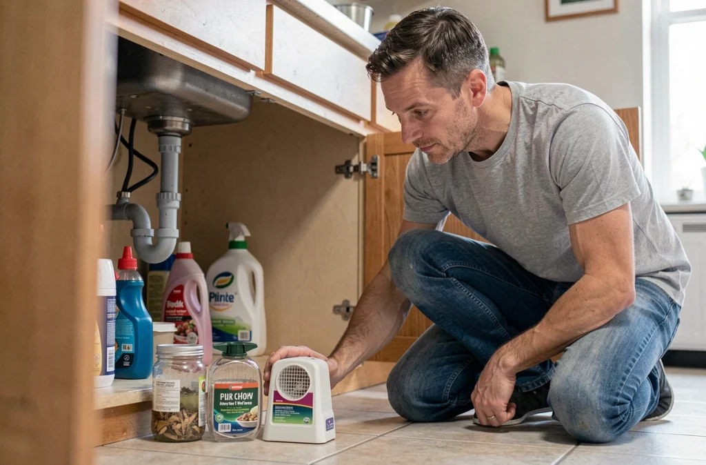 Homme comparant un piège à moucherons fait maison et un modèle prêt à l'emploi sous l'évier de la cuisine