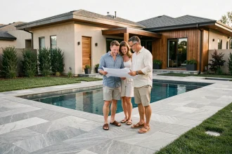 Couple étudiant les plans de construction d'une piscine rectangulaire moderne dans un jardin avec dallage en pierre grise