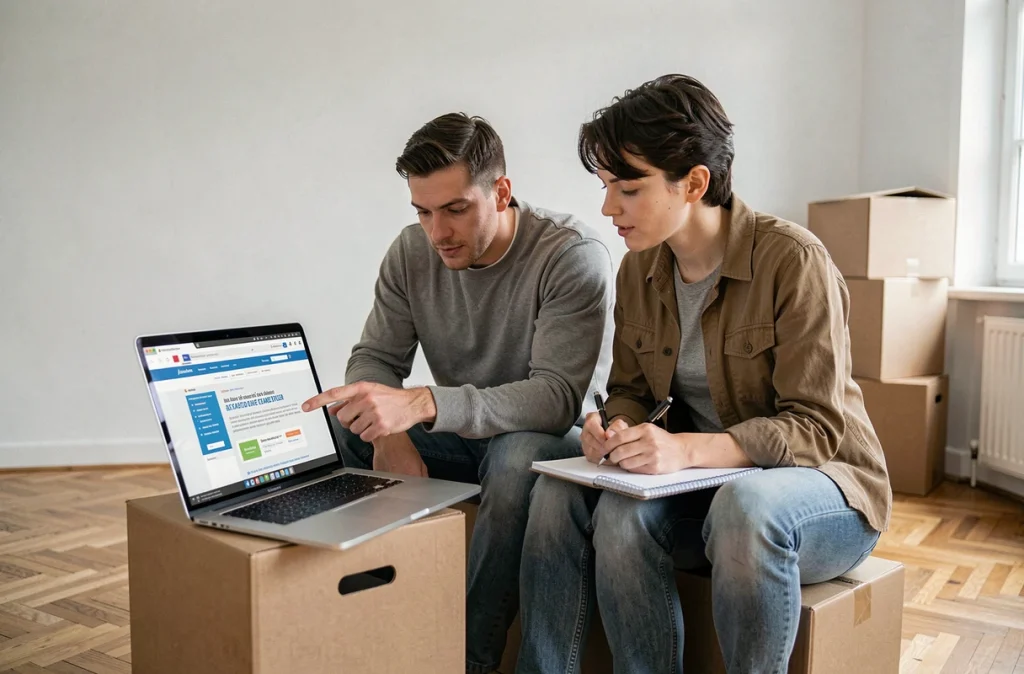 Couple consultant le site gouvernemental pour effectuer un changement d'adresse administratif dans un appartement en cours d'emménagement