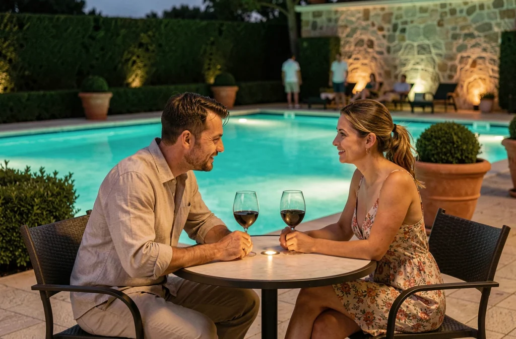 Couple en terrasse au bord d'une piscine d'hôtel éclairée sous l'eau au coucher du soleil dans une ambiance méditerranéenne