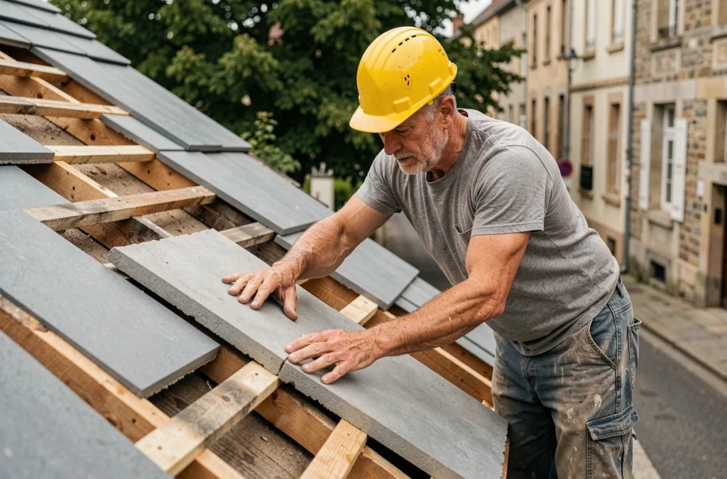 Couvreur posant des tuiles grand format sur une charpente en bois lors de travaux de rénovation de toiture