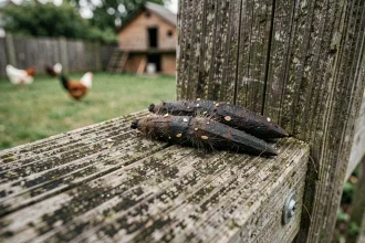Crottes de fouine sur un poteau de clôture en bois dans un jardin avec un poulailler visible en arrière-plan