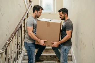 Deux déménageurs portant un carton dans un escalier étroit d'immeuble parisien sans ascenseur