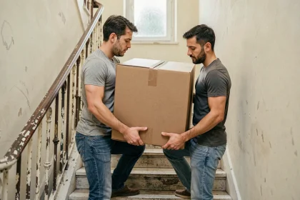 Deux déménageurs portant un carton dans un escalier étroit d'immeuble parisien sans ascenseur