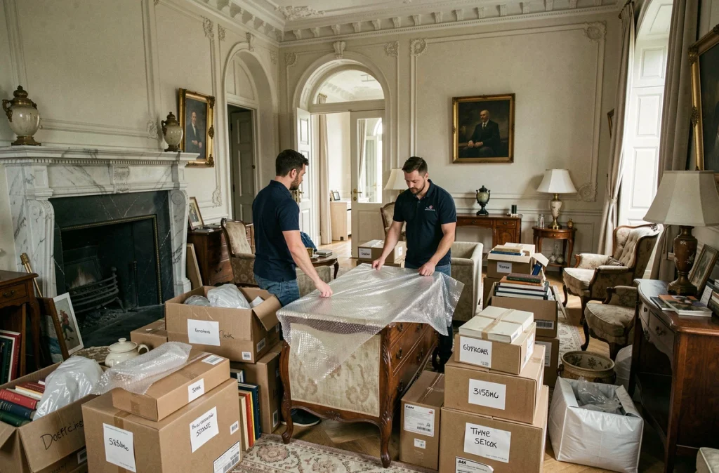 Déménageurs professionnels emballant des meubles anciens lors d'un service de débarras pour succession