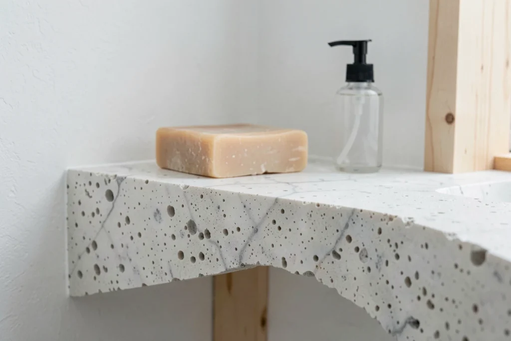 Détail de texture en béton cellulaire verni mat pour étagère de salle de bain avec accessoires minimalistes