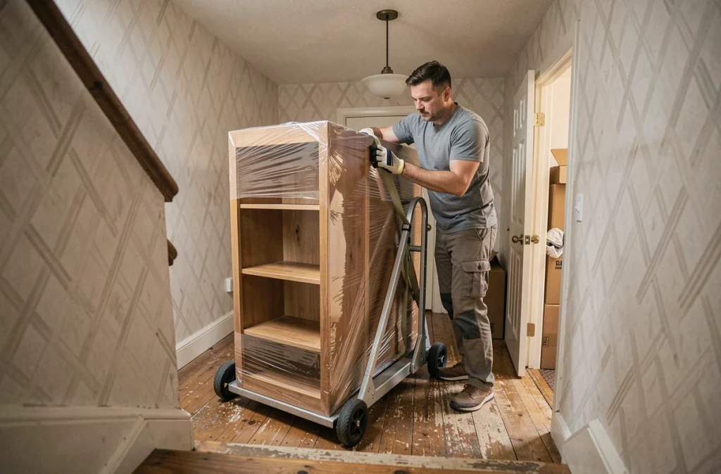 Déménageur utilisant une sangle et un diable pour monter un meuble dans un escalier sans ascenseur