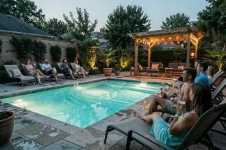 Piscine éclairée sous l'eau au crépuscule avec un groupe d'adultes réunis autour de l'eau turquoise dans un jardin moderne