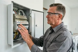 Électricien examinant un tableau électrique avec disjoncteurs différentiels anciens et neufs dans une buanderie moderne