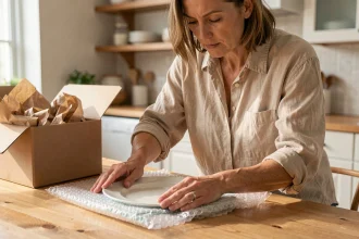 Femme emballant une assiette en céramique avec du papier bulle pour éviter la casse lors d'un déménagement