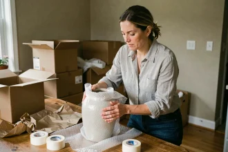 Femme emballant un vase fragile avec du papier bulle pour le protéger lors d'un déménagement