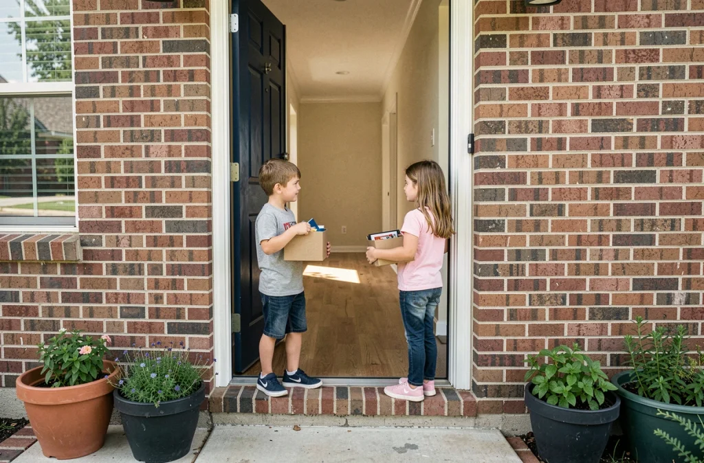 Deux enfants sur le pas de la porte de leur nouvelle maison tenant des cartons et regardant l'intérieur avec curiosité